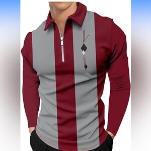 Mens Long Sleeve Polo Shirts Casual Zipper Wine Stripped 2XL